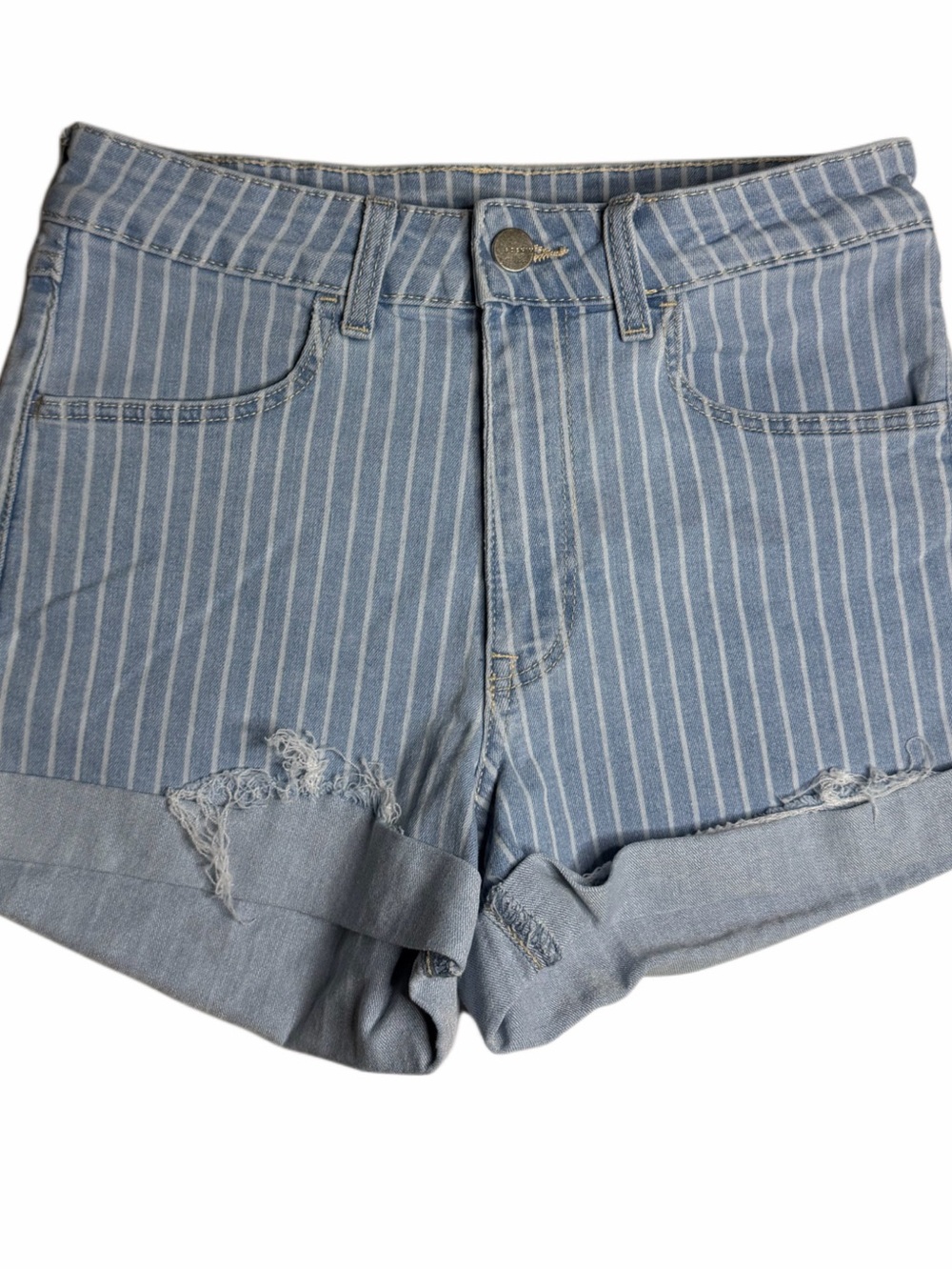 Women’s Striped Denim Shorts Size 4 Blue White High Rise Cuffed Distressed Hem